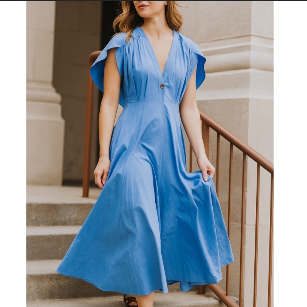 Deveaux -Blue Cotton Midi Dress Relaxed V-Neck, Flowing Silhouette